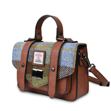 Load image into Gallery viewer, Mini Satchel Bag Harris Tweed Chestnut Blue Tartan Zipped Pockets Shoulder Strap
