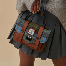 Load image into Gallery viewer, Mini Satchel Bag Harris Tweed Chestnut Blue Tartan Zipped Pockets Shoulder Strap