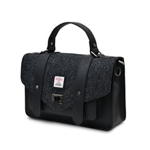 Load image into Gallery viewer, Large Satchel Bag Black Herringbone Harris Tweed Zipped Pockets