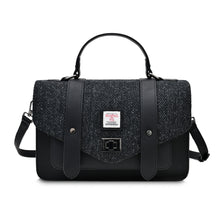 Load image into Gallery viewer, Large Satchel Bag Black Herringbone Harris Tweed Zipped Pockets