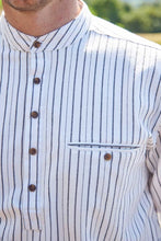 Load image into Gallery viewer, Grandfather Shirt Black Ivory Stripe Flannel Collarless Cotton Made in Ireland
