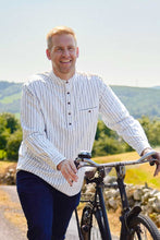 Load image into Gallery viewer, Grandfather Shirt Black Ivory Stripe Flannel Collarless Cotton Made in Ireland