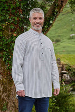Load image into Gallery viewer, Grandfather Shirt Black Ivory Stripe Flannel Collarless Cotton Made in Ireland