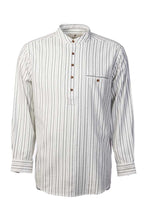 Load image into Gallery viewer, Grandfather Shirt Black Ivory Stripe Flannel Collarless Cotton Made in Ireland