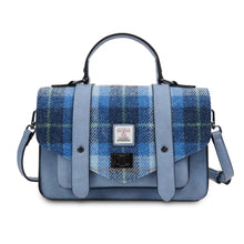 Load image into Gallery viewer, Harris Tweed Large Satchel Bag Blue Tartan Zipped Pockets Shoulder Strap