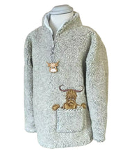 Load image into Gallery viewer, Dangly MacMoo Zip Neck Pebble Fleece Stone Embroidered Children Assorted Sizes
