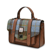 Load image into Gallery viewer, Large Satchel Bag Chestnut Blue Tartan Harris Tweed Zipped Pockets Shoulder Strap

