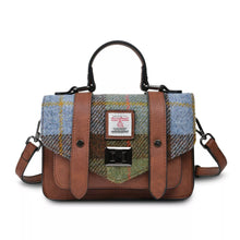 Load image into Gallery viewer, Large Satchel Bag Chestnut Blue Tartan Harris Tweed Zipped Pockets Shoulder Strap
