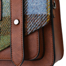 Load image into Gallery viewer, Large Satchel Bag Chestnut Blue Tartan Harris Tweed Zipped Pockets Shoulder Strap
