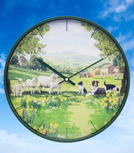 Collie and Sheep Round Wall Clock Battery Operated Gift Boxed Farm Animals