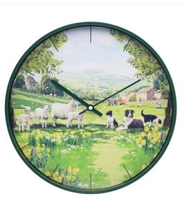 Collie and Sheep Round Wall Clock Battery Operated Gift Boxed Farm Animals