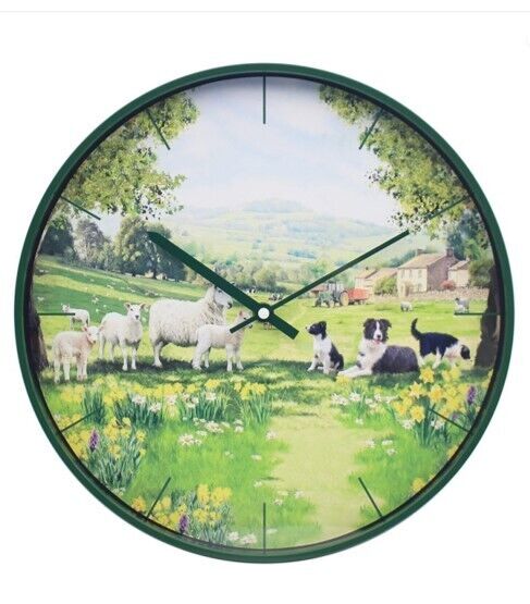 Collie and Sheep Round Wall Clock Battery Operated Gift Boxed Farm Animals