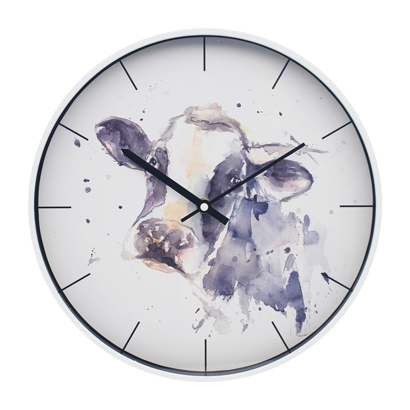 Cow Head Round Wall Clock Battery Operated Farm Animals Black and White