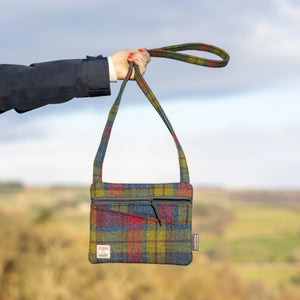 Gemma Cross Body Bag Harris Tweed Check Zipped Pockets Purple Multi Colors