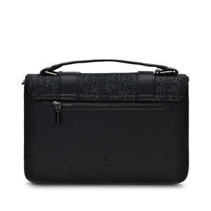 Large Satchel Bag Black Herringbone Harris Tweed Zipped Pockets