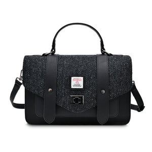 Large Satchel Bag Black Herringbone Harris Tweed Zipped Pockets