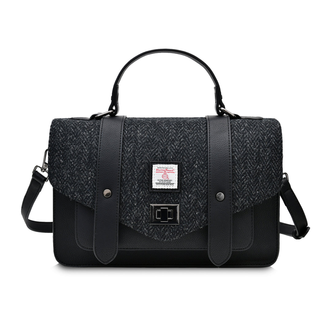 Large Satchel Bag Black Herringbone Harris Tweed Zipped Pockets