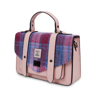 Harris Tweed Large Satchel Bag Pink Blue Tartan Zipped Pockets