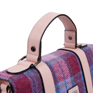 Harris Tweed Large Satchel Bag Pink Blue Tartan Zipped Pockets