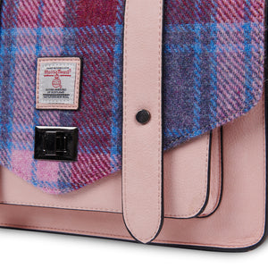 Harris Tweed Large Satchel Bag Pink Blue Tartan Zipped Pockets