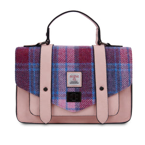 Harris Tweed Large Satchel Bag Pink Blue Tartan Zipped Pockets