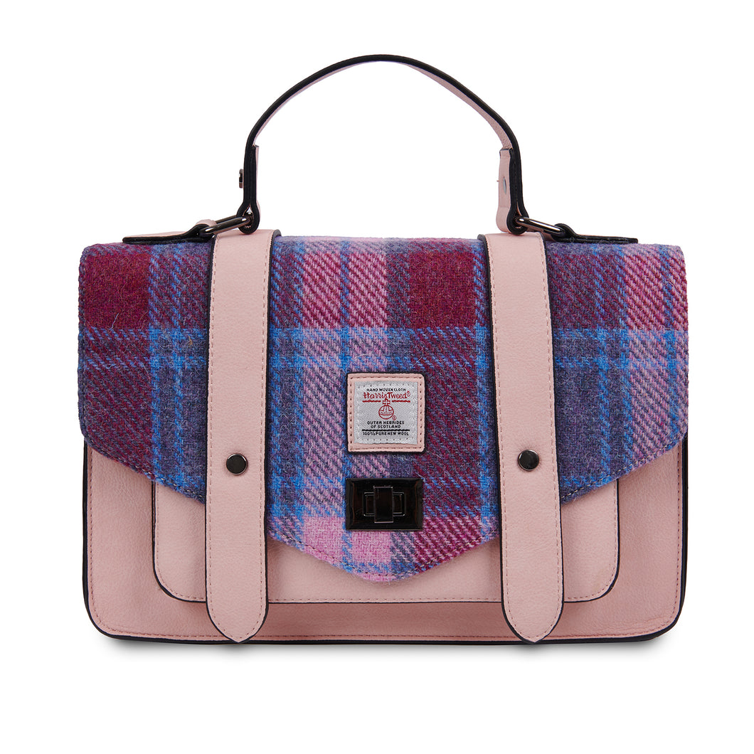 Harris Tweed Large Satchel Bag Pink Blue Tartan Zipped Pockets