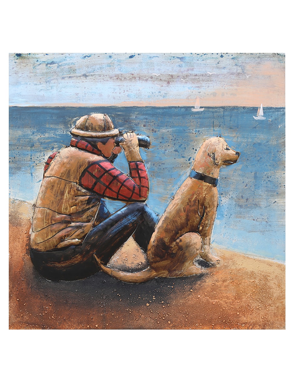 3D Metal Picture Wall Art One Man and His Dog Sea Scene 80 x 80cm Gift