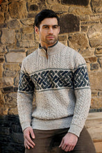 Load image into Gallery viewer, Men’s Sweater Half Zip Jacquard Celtic Oatmeal 100% Donegal Wool Irish Knitwear
