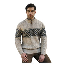 Load image into Gallery viewer, Men’s Sweater Half Zip Jacquard Celtic Oatmeal 100% Donegal Wool Irish Knitwear
