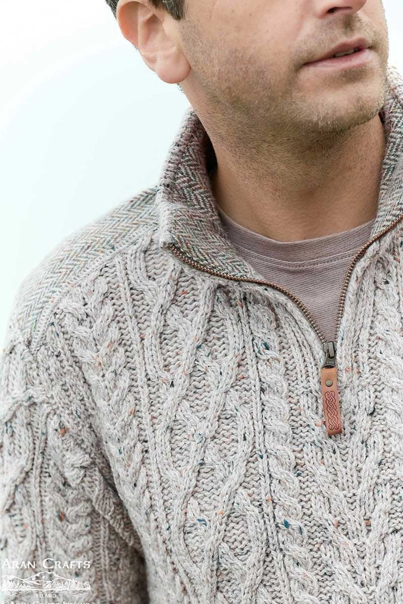 Mens Aran Sweater Oatmeal 100% Merino Wool Knitted Irish Traditional Gift