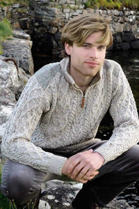 Mens Aran Sweater Oatmeal 100% Merino Wool Knitted Irish Traditional Gift
