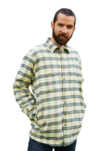 Load image into Gallery viewer, Men’s Fleece Lined Shirt Collar 100% Cotton Ecru Green Navy Check Long Sleeve Relaxed Fit
