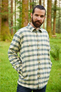 Men’s Fleece Lined Shirt Collar 100% Cotton Ecru Green Navy Check Long Sleeve Relaxed Fit