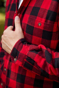 Men’s Fleece Lined Shirt Collar 100% Cotton Red Black Check Long Sleeve Relaxed