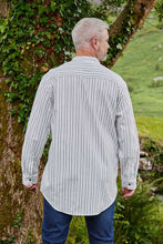 Load image into Gallery viewer, Grandfather Shirt Black Ivory Stripe Flannel Collarless Cotton Made in Ireland
