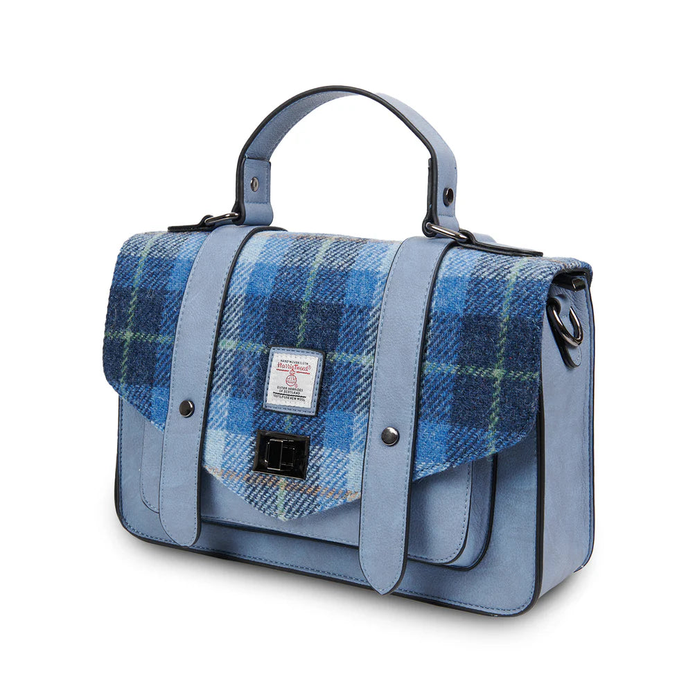 Harris Tweed Large Satchel Bag Blue Tartan Zipped Pockets Shoulder Strap