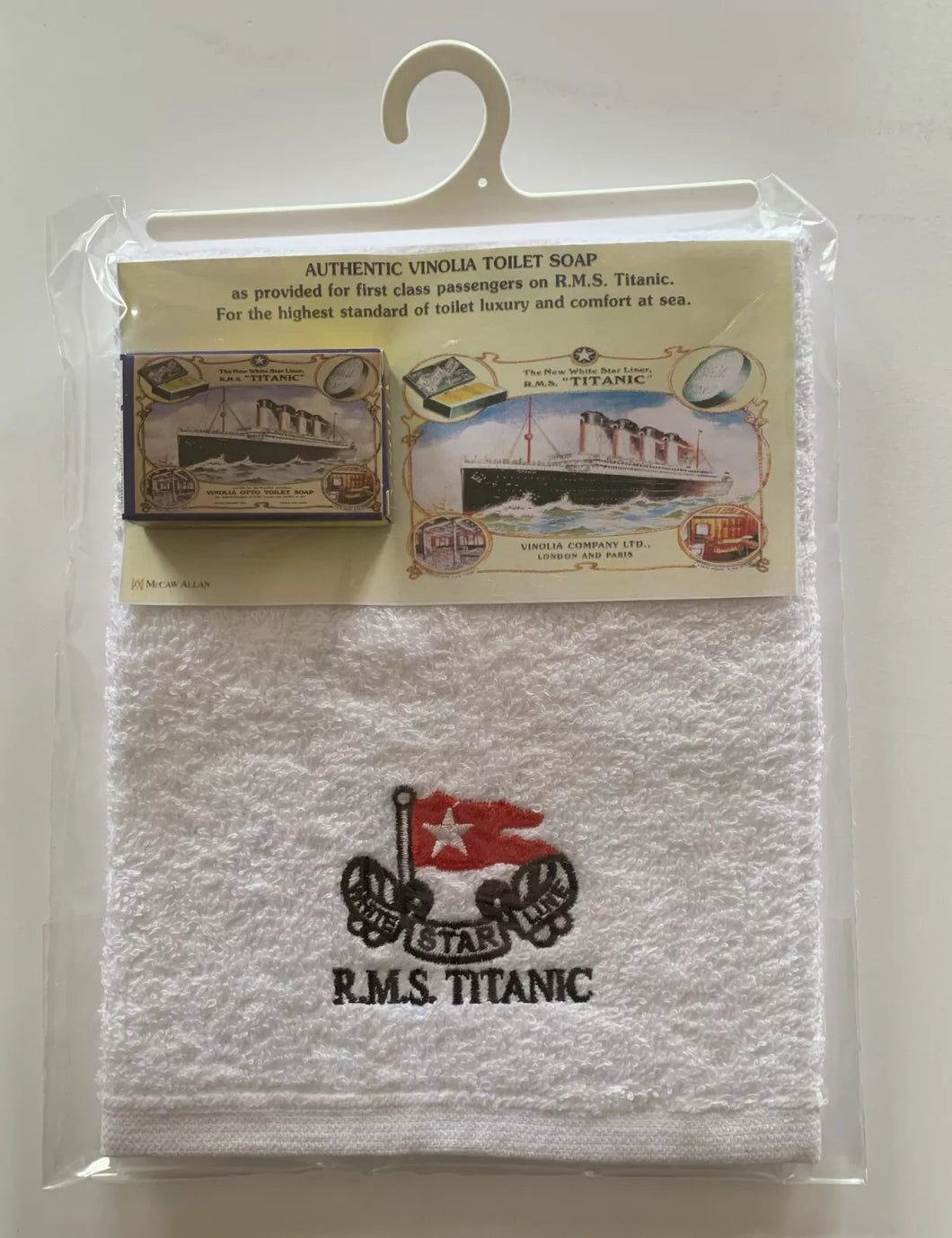 White Star Line RMS Titanic Embroidered 100% Cotton Face Cloth and Vinolia Soap