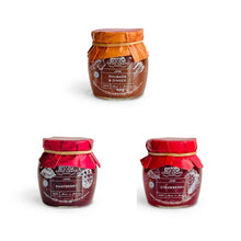 Load image into Gallery viewer, Raspberry Rhubarb and Ginger Strawberry Jams Pack of 3 Mini Preserves

