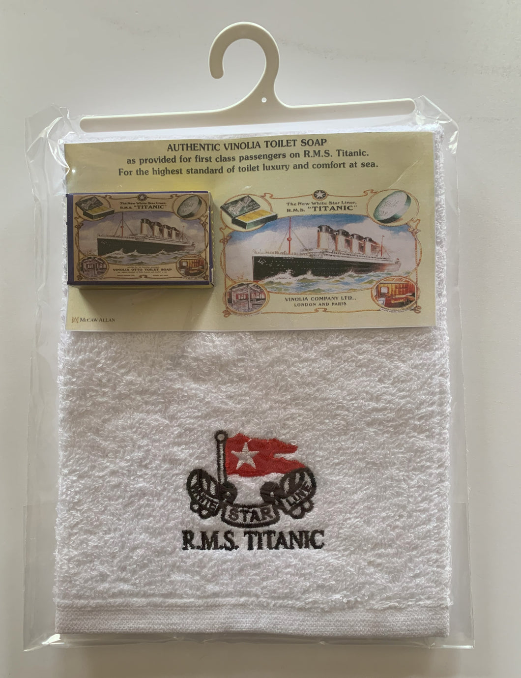 White Star Line RMS Titanic Embroidered 100% Cotton Cabin Towel and Vinolia Soap
