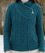 Load image into Gallery viewer, Ladies Teal Blue Aran Cardigan – 100% Merino Wool Irish Knit with Side Zip

