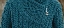 Load image into Gallery viewer, Ladies Teal Blue Aran Cardigan – 100% Merino Wool Irish Knit with Side Zip

