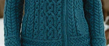 Load image into Gallery viewer, Ladies Teal Blue Aran Cardigan – 100% Merino Wool Irish Knit with Side Zip
