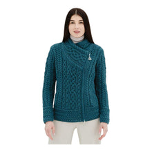 Load image into Gallery viewer, Ladies Teal Blue Aran Cardigan – 100% Merino Wool Irish Knit with Side Zip
