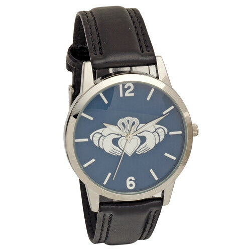 Claddagh Embossed Dial Wrist Watch with Black Leather Strap