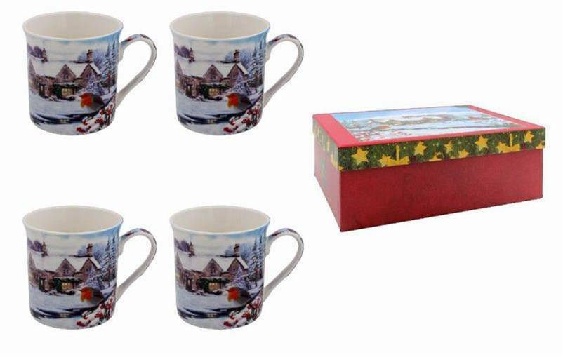 Christmas Robins Fine China Mug Set of 4 Gift Boxed