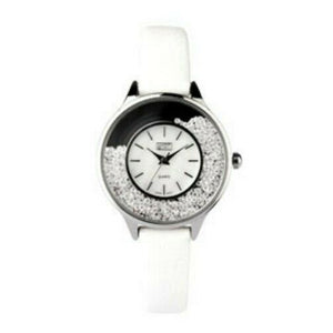 Ladies White PU Strap Moving Stone Case Wrist Watch