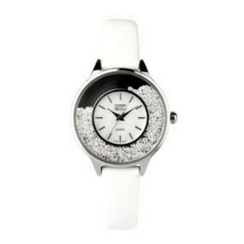 Ladies White PU Strap Moving Stone Case Wrist Watch
