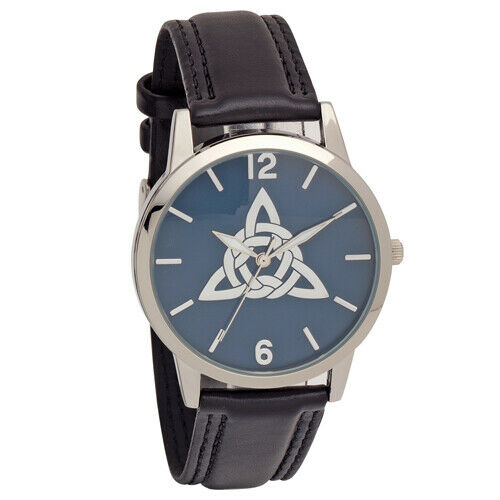 Celtic Knot Embossed Dial Wrist Watch with Black Leather Strap