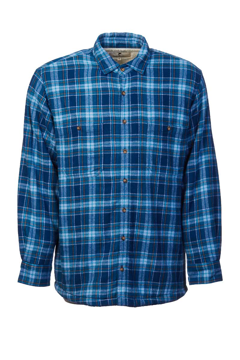 Men’s Fleece Lined Shirt Collar 100% Cotton Blue Navy Check Long Sleeve Relaxed Fit