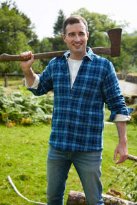 Men’s Fleece Lined Shirt Collar 100% Cotton Blue Navy Check Long Sleeve Relaxed Fit